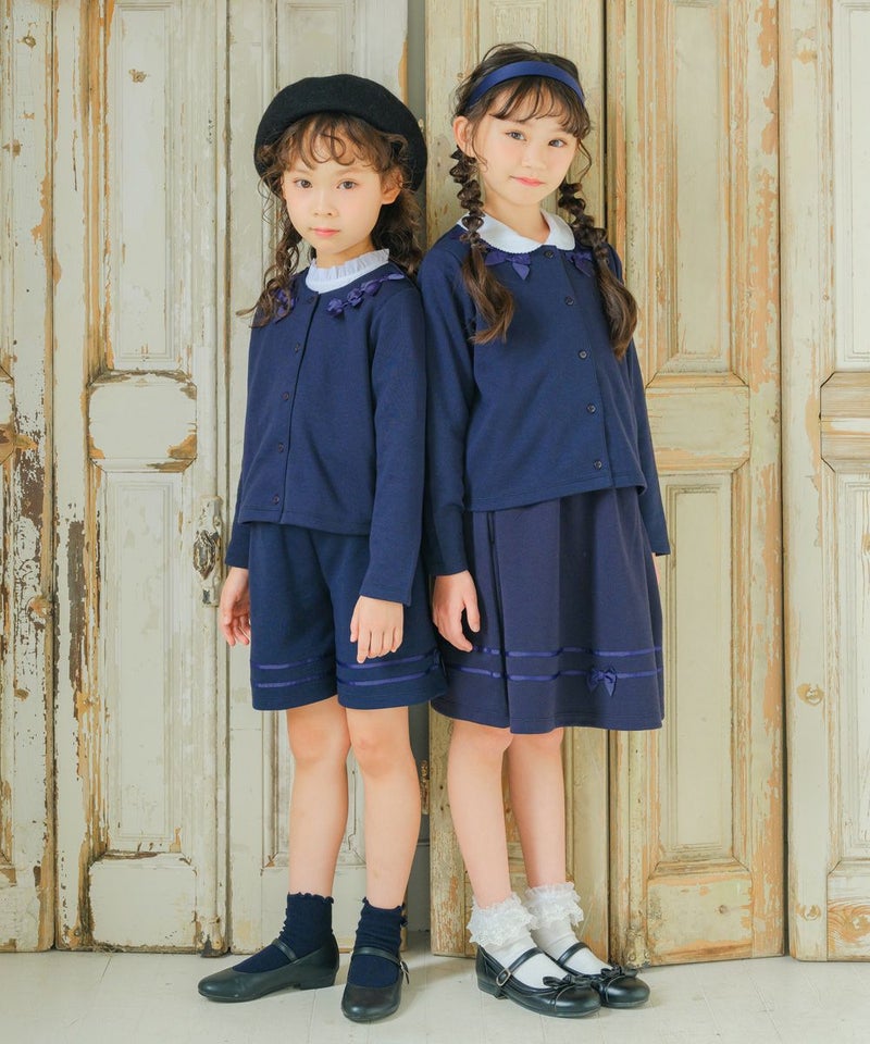 リボン付きダブルニットカーディガン