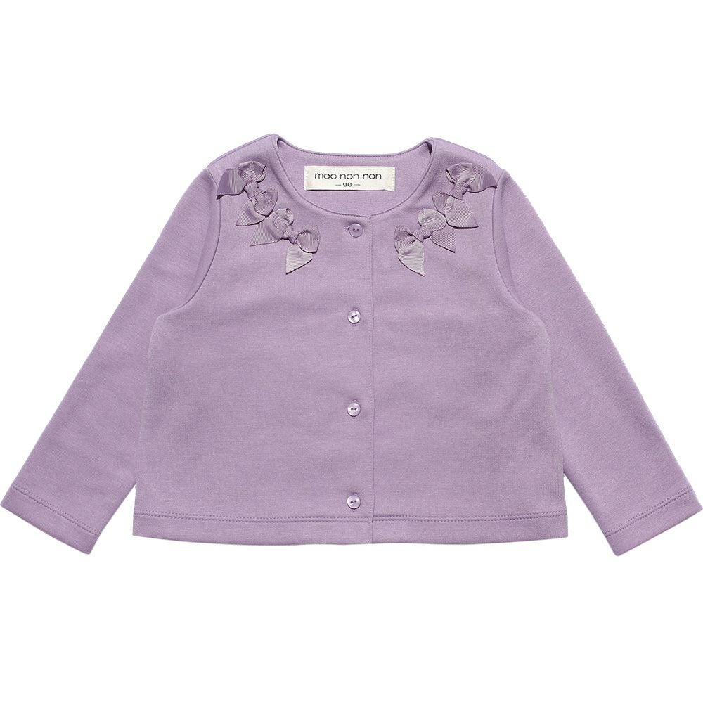 ベビー服 女の子 ベビーサイズリボン付きダブルニットカーディガン パープル(91) 正面