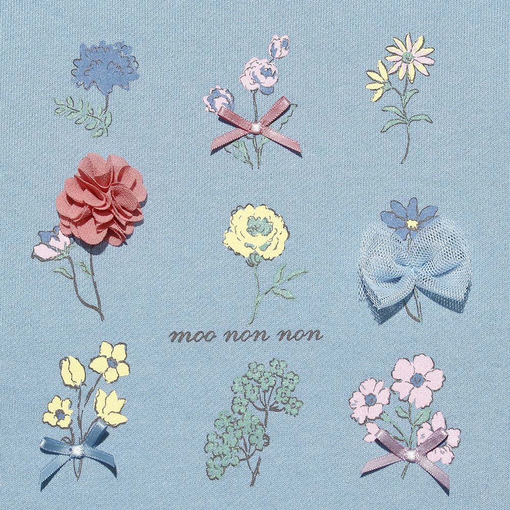 ベビー服 女の子 ベビーサイズお花モチーフ＆プリント裏毛トレーナー ブルー(61) デザインポイント1