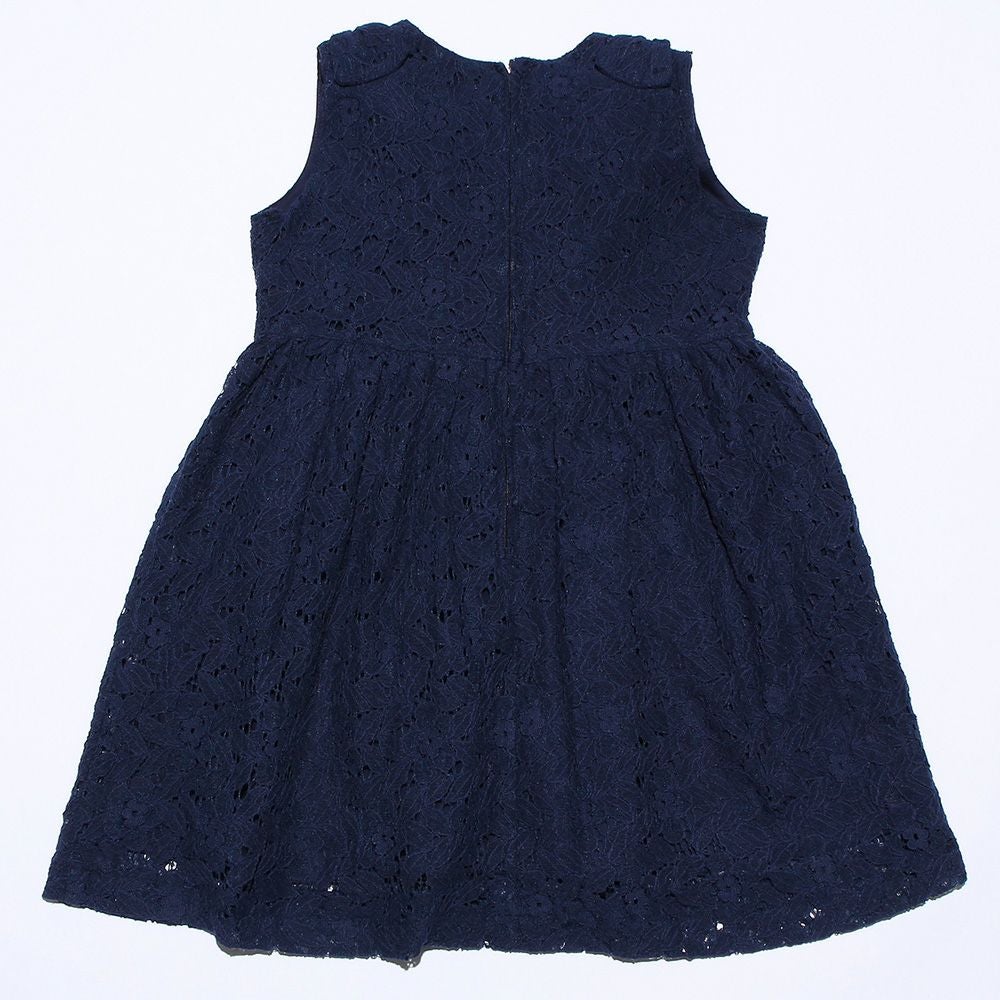 子供服 女の子 リボン付きレース裏地付きワンピース ネイビー(06) 背面