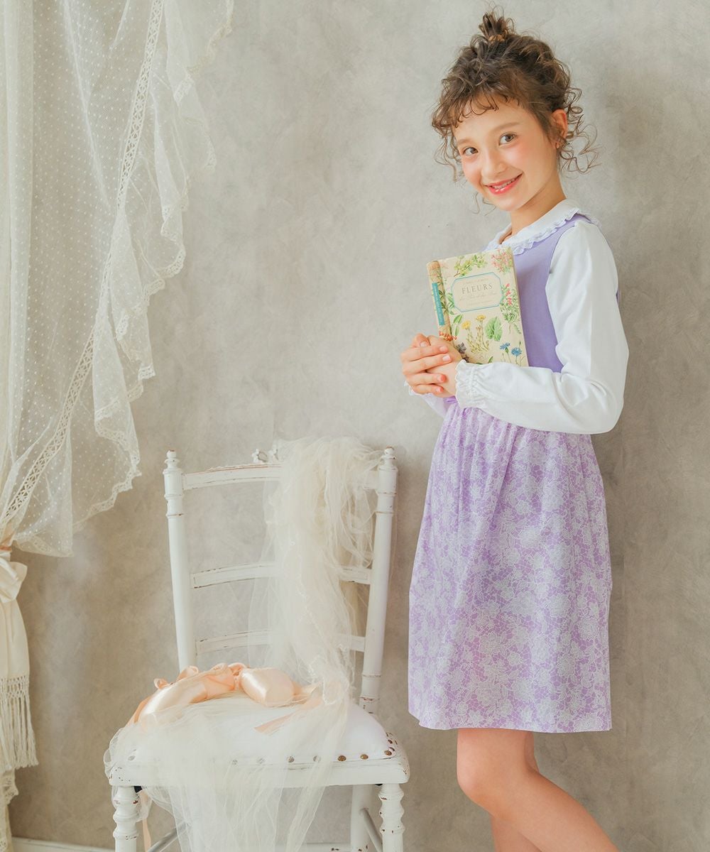子供服 女の子 日本製花柄リボン付きワンピース パープル(91) モデル画像全身