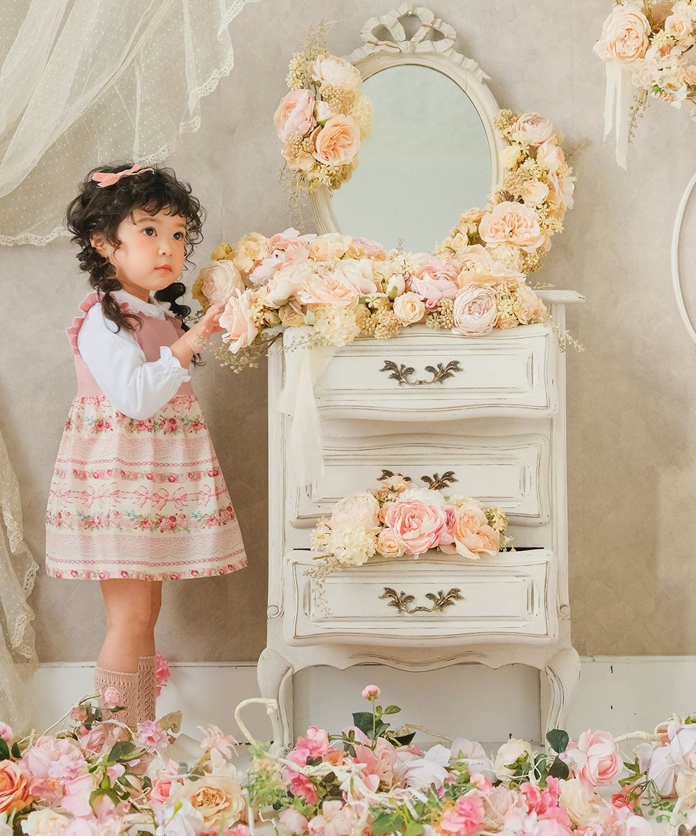ベビー服 女の子 日本製花柄＆リボンプリントワンピース ピンク(02) モデル画像1