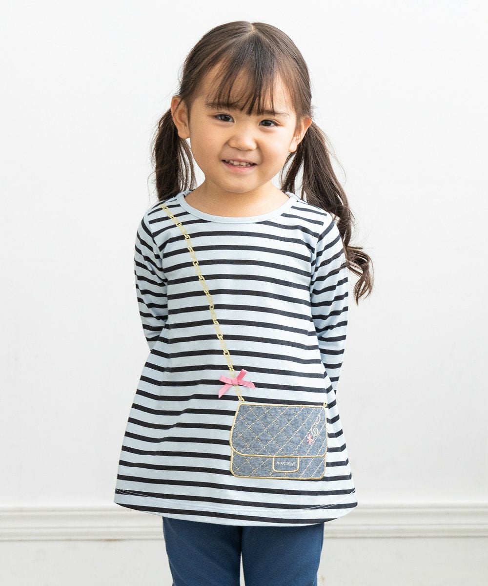 ベビー服 女の子 ベビーサイズ綿100％ボーダー柄Tシャツ ブルー(61) モデル画像全身