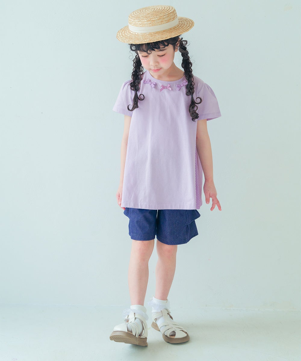 ベビー服 女の子 チェック柄切り替えTシャツ パープル(91)