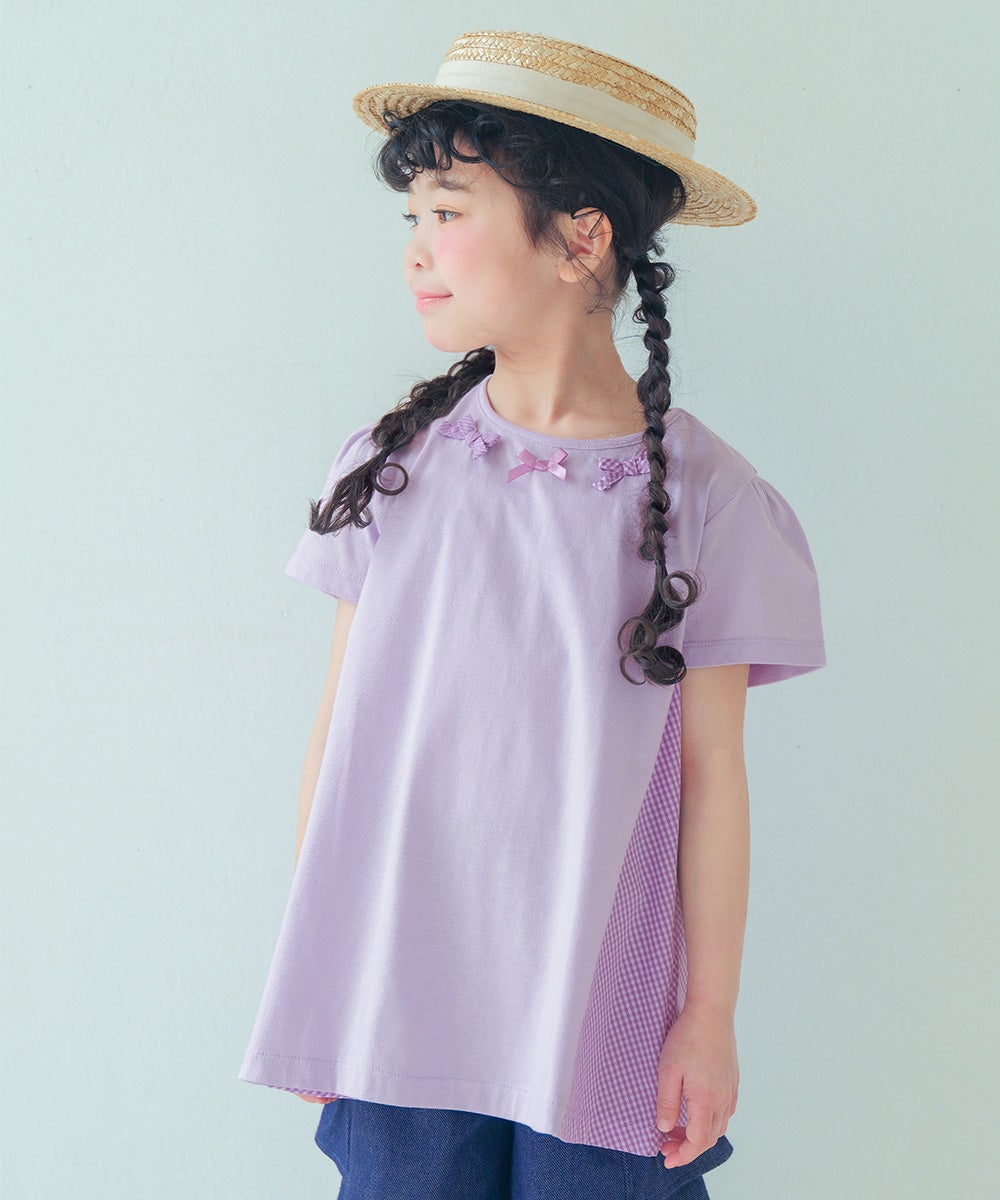 ベビー服 女の子 チェック柄切り替えTシャツ パープル(91)