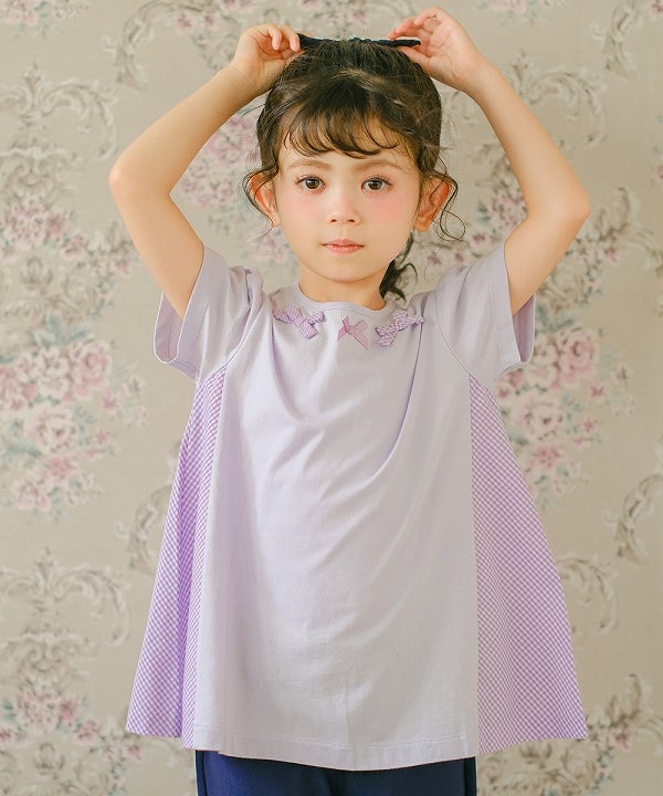 ベビー服 女の子 チェック柄切り替えTシャツ パープル(91)