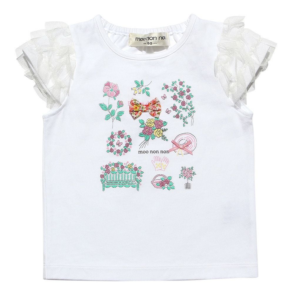 ベビー服 女の子 お花プリント＆リボン付きTシャツ オフホワイト(11) 正面