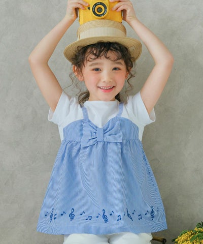 ベビー服 女の子 ストライプ柄リボン付き音符プリント重ね着風Aライン