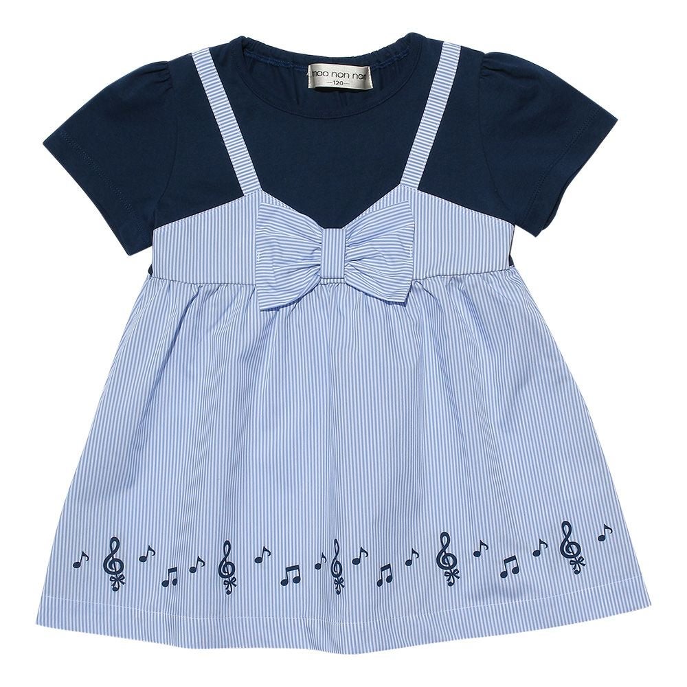 ベビー服 女の子 ストライプ柄リボン付き音符プリント重ね着風Aライン ネイビー(06) 正面