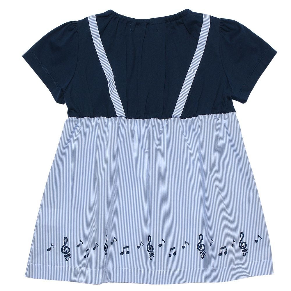 ベビー服 女の子 ストライプ柄リボン付き音符プリント重ね着風Aライン ネイビー(06) 背面