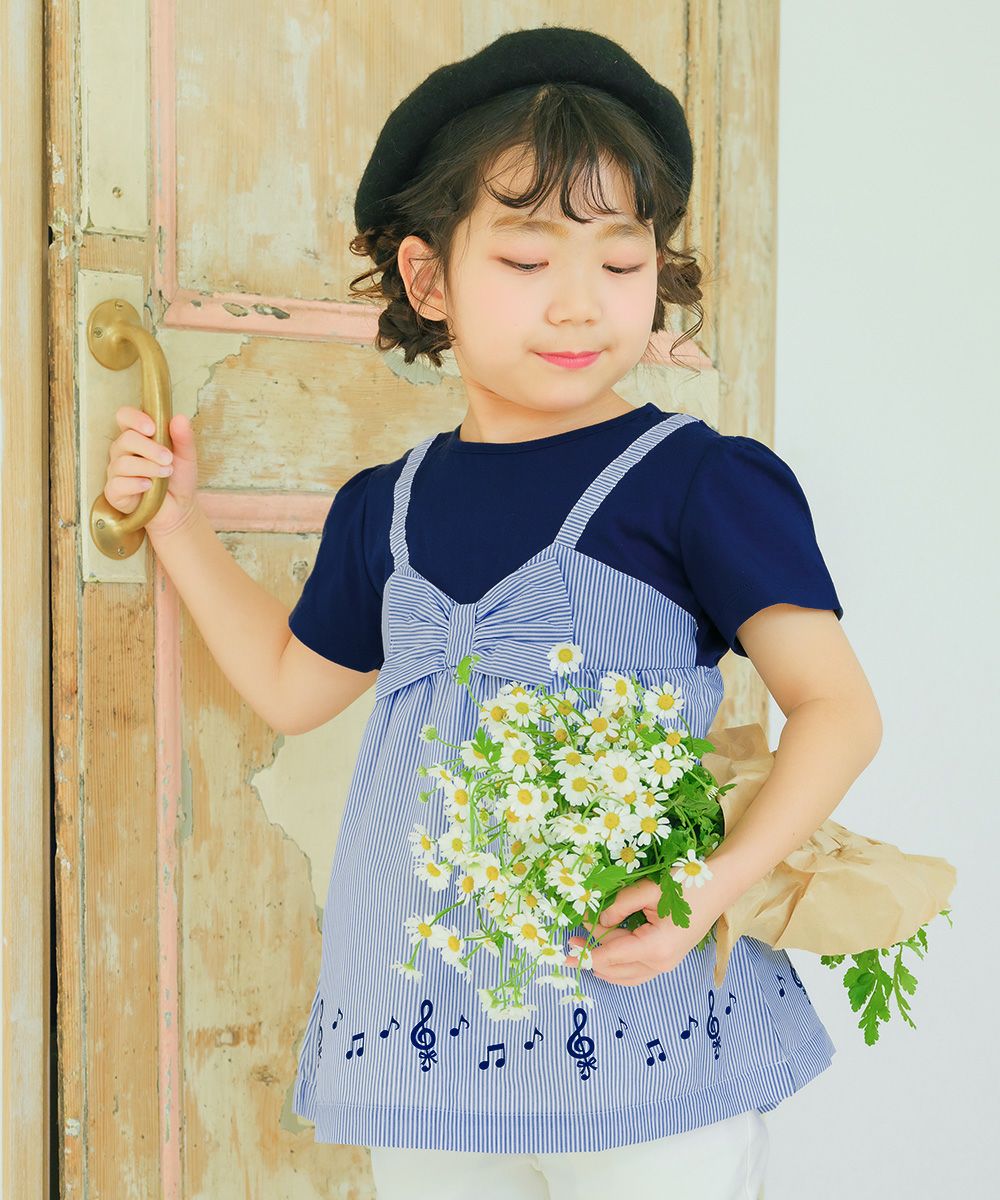ベビー服 女の子 ストライプ柄リボン付き音符プリント重ね着風Aライン ネイビー(06) モデル画像アップ