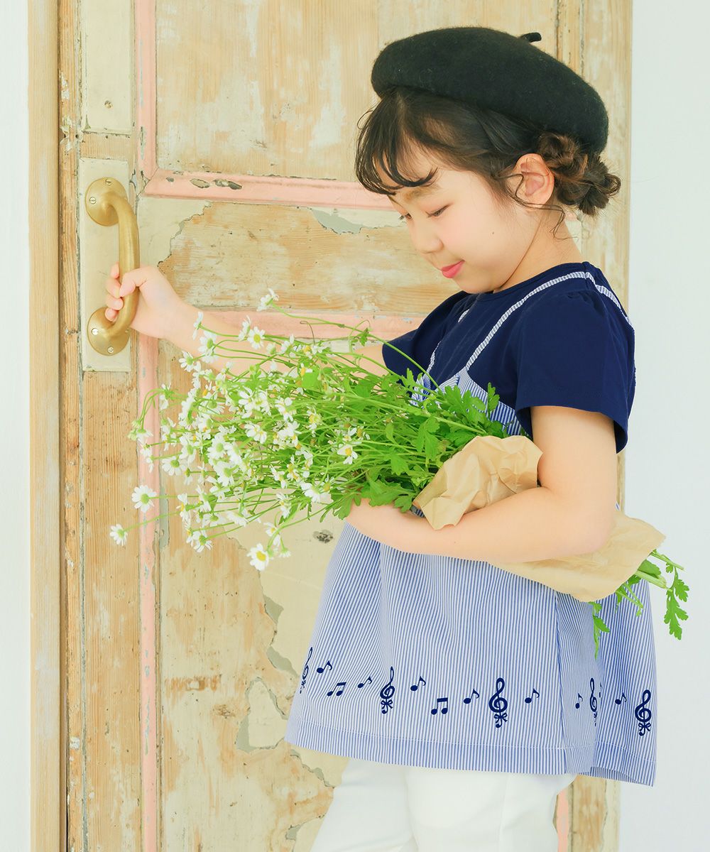 ベビー服 女の子 ストライプ柄リボン付き音符プリント重ね着風Aライン ネイビー(06) モデル画像1