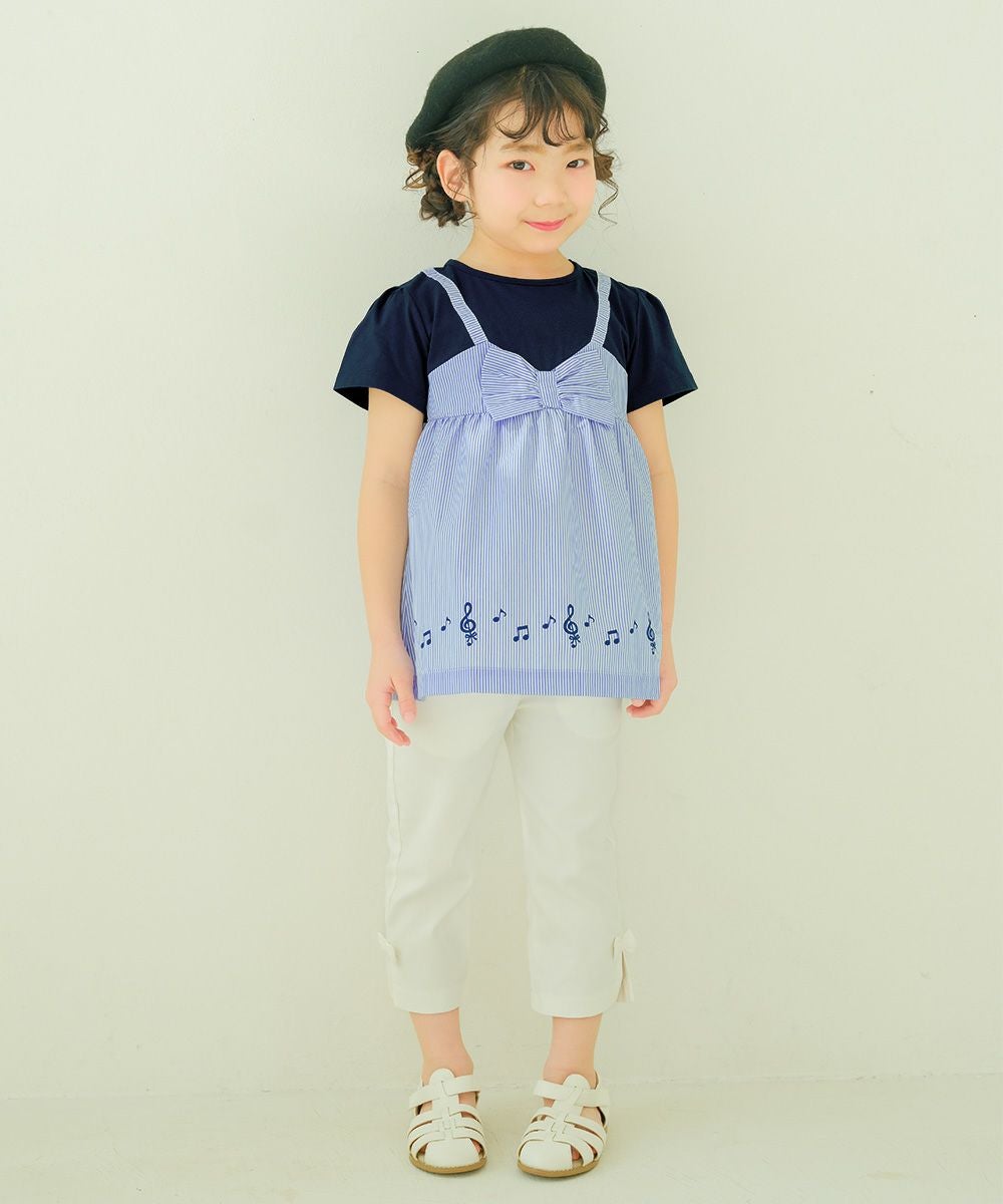ベビー服 女の子 ストライプ柄リボン付き音符プリント重ね着風Aライン ネイビー(06) モデル画像2