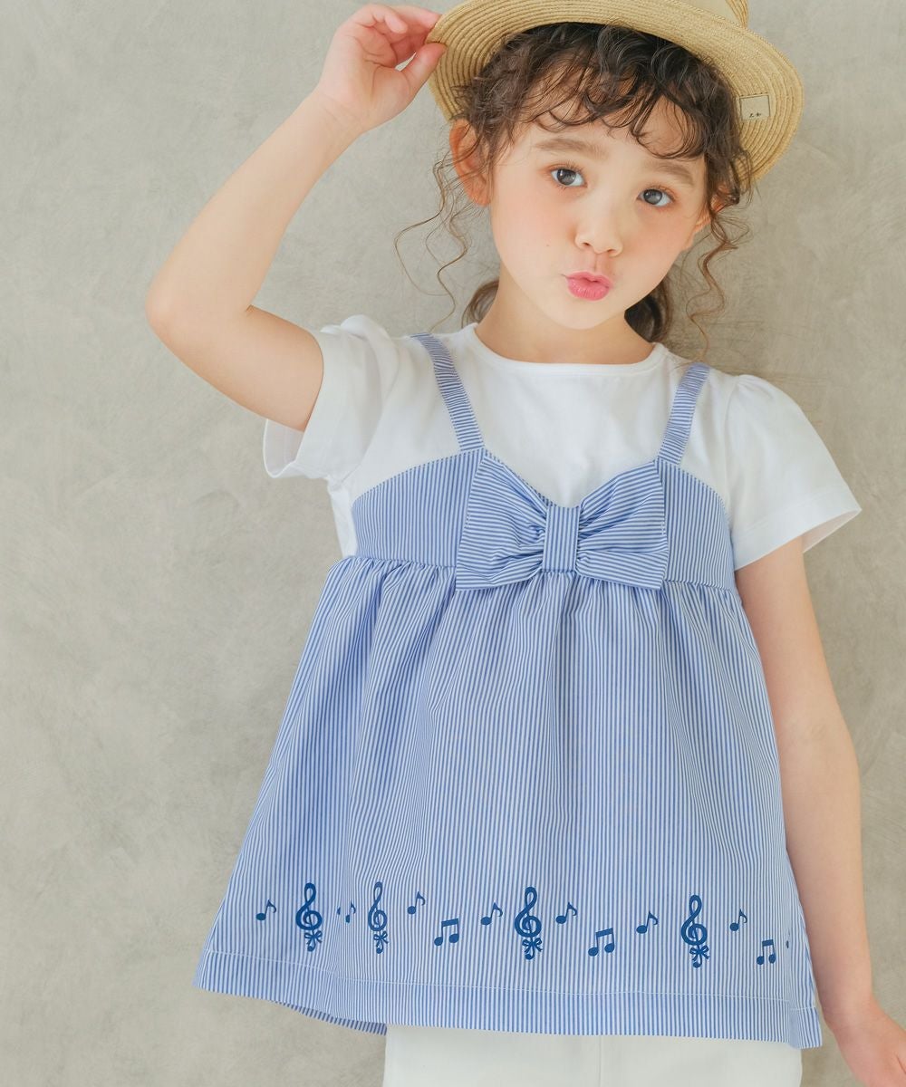 ベビー服 女の子 ストライプ柄リボン付き音符プリント重ね着風Aライン