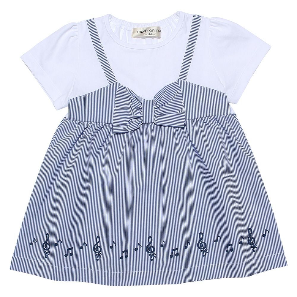 ベビー服 女の子 ストライプ柄リボン付き音符プリント重ね着風Aライン オフホワイト(11) 正面