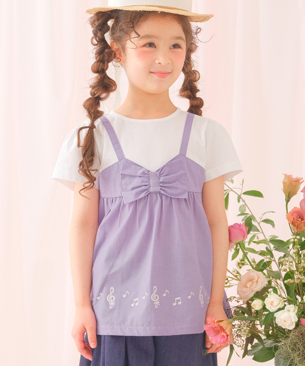 ベビー服 女の子 ストライプ柄リボン付き音符プリント重ね着風Aライン
