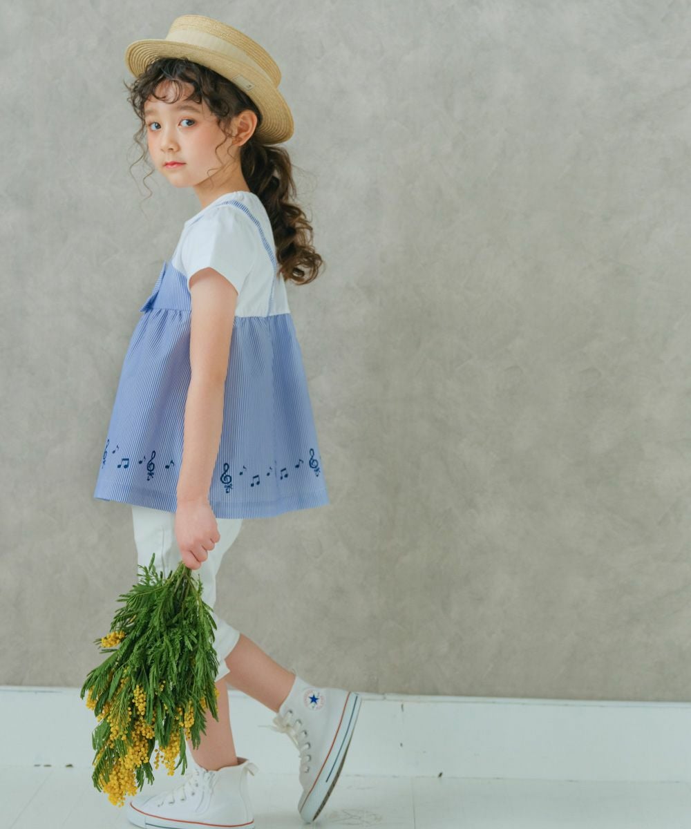 ベビー服 女の子 ストライプ柄リボン付き音符プリント重ね着風Aライン オフホワイト(11) モデル画像1