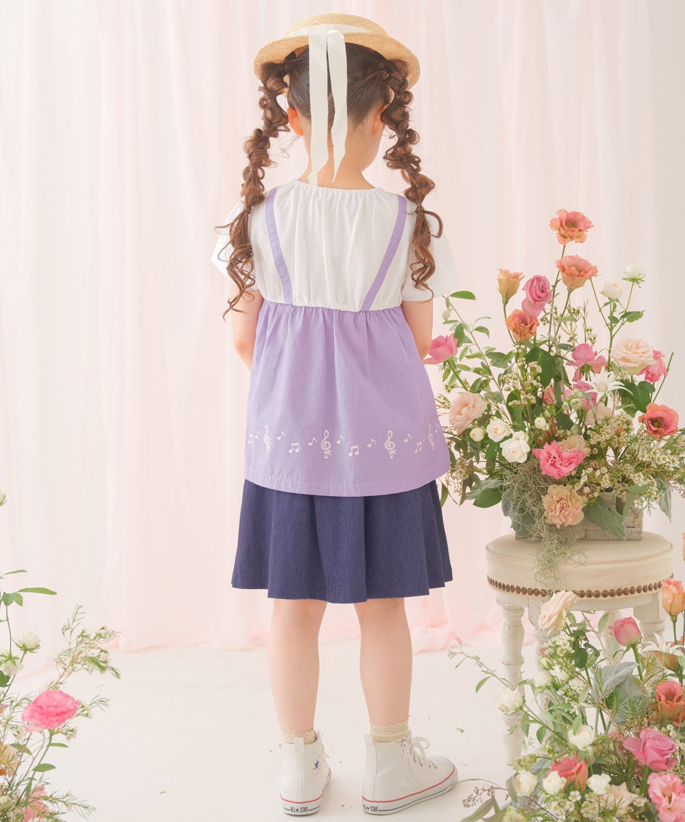 ベビー服 女の子 ストライプ柄リボン付き音符プリント重ね着風Aライン