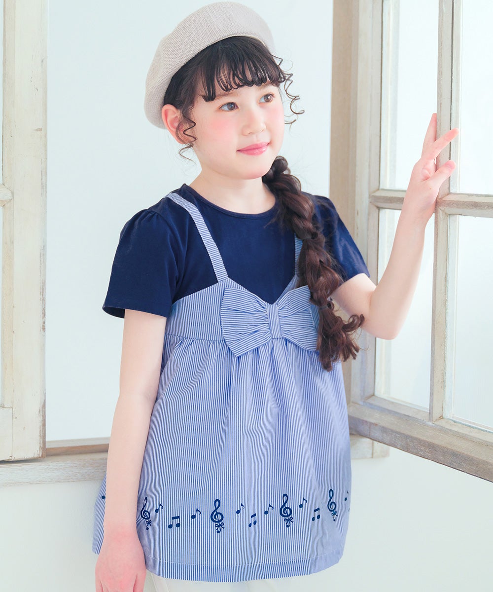 ベビー服 女の子 ストライプ柄リボン付き音符プリント重ね着風Aライン