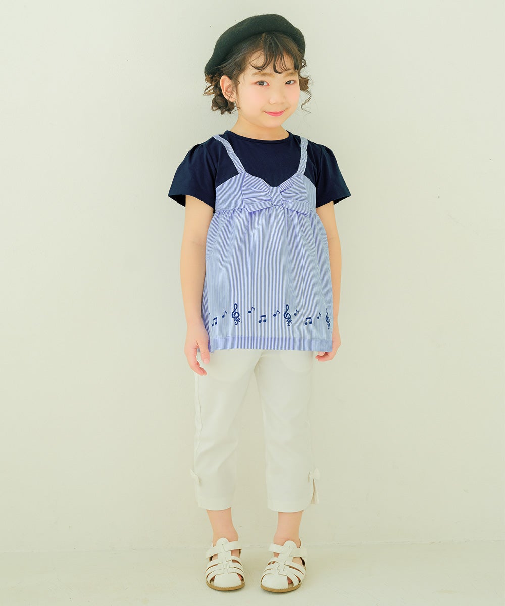 ベビー服 女の子 ストライプ柄リボン付き音符プリント重ね着風Aライン