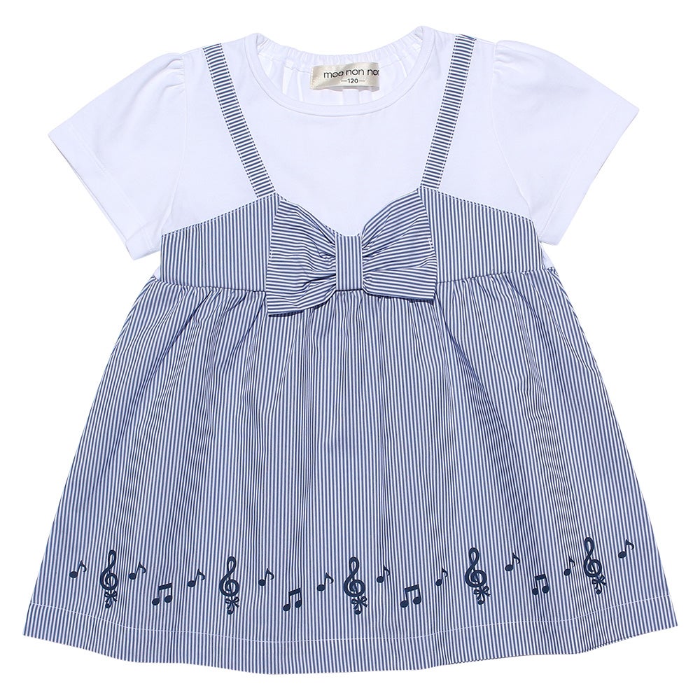 ベビー服 女の子 ストライプ柄リボン付き音符プリント重ね着風Aライン