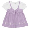 ベビー服 女の子 ストライプ柄リボン付き音符プリント重ね着風Aライン パープル(91) 正面