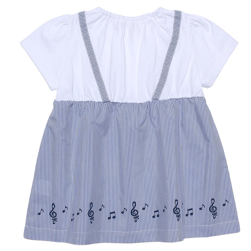 ベビー服 女の子 ストライプ柄リボン付き音符プリント重ね着風Aライン