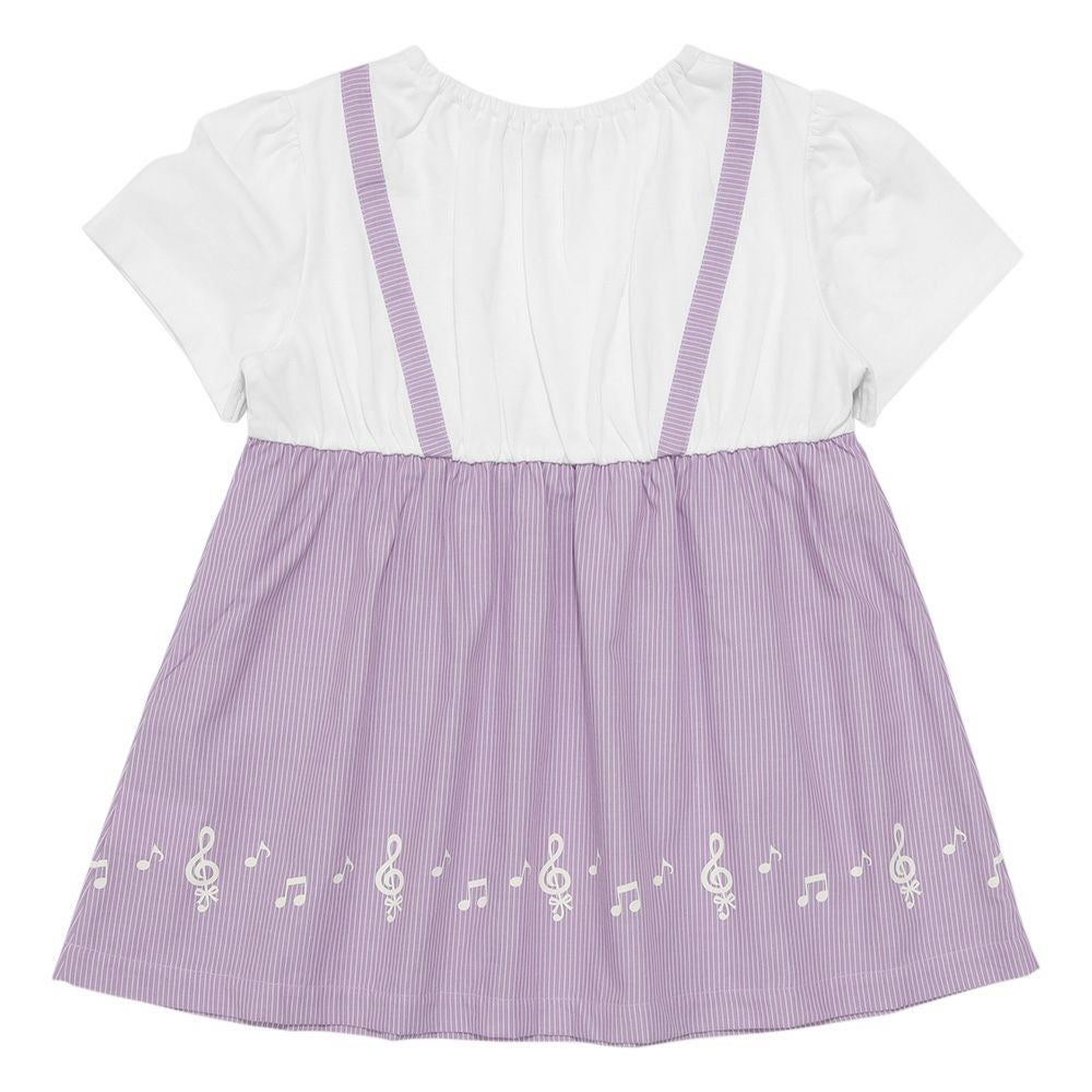 ベビー服 女の子 ストライプ柄リボン付き音符プリント重ね着風Aライン パープル(91) 背面