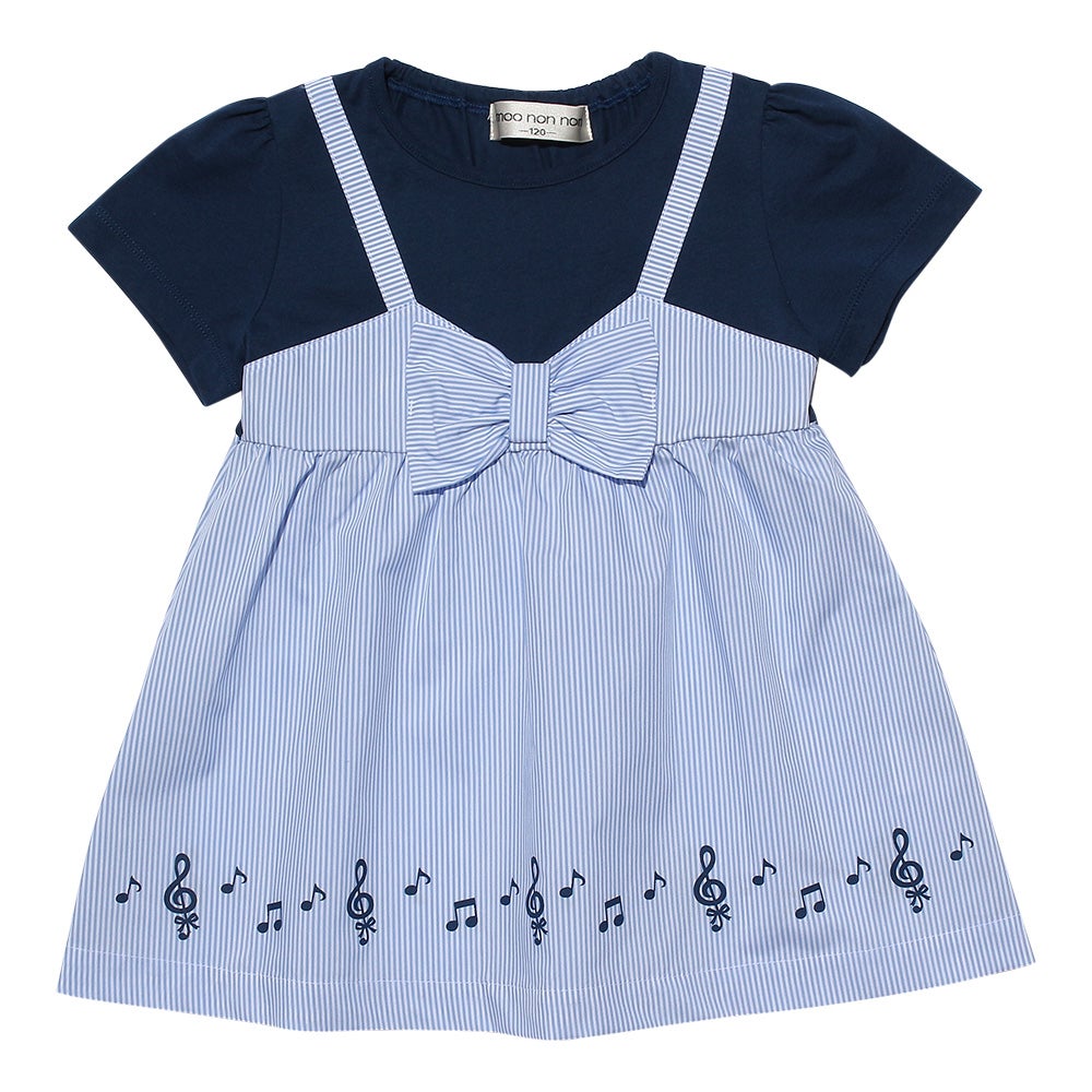 ベビー服 女の子 ストライプ柄リボン付き音符プリント重ね着風Aライン