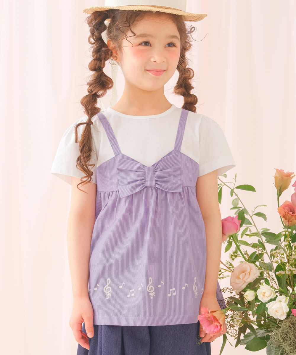 ベビー服 女の子 ストライプ柄リボン付き音符プリント重ね着風Aライン パープル(91) モデル画像アップ