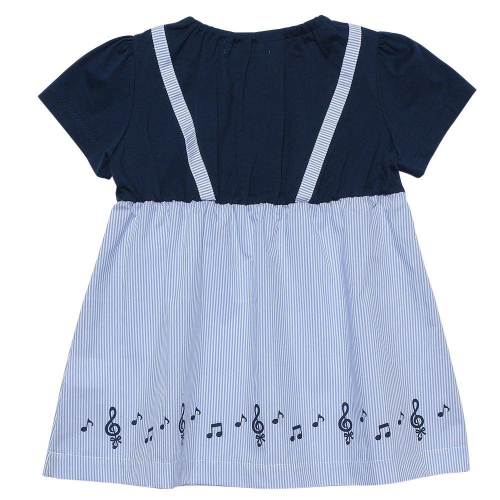 ベビー服 女の子 ストライプ柄リボン付き音符プリント重ね着風Aライン