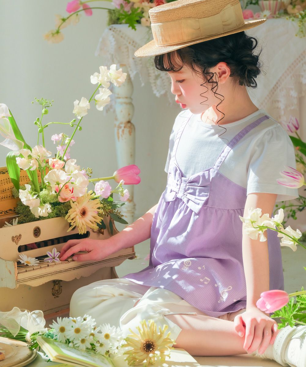 ベビー服 女の子 ストライプ柄リボン付き音符プリント重ね着風Aライン パープル(91) モデル画像1