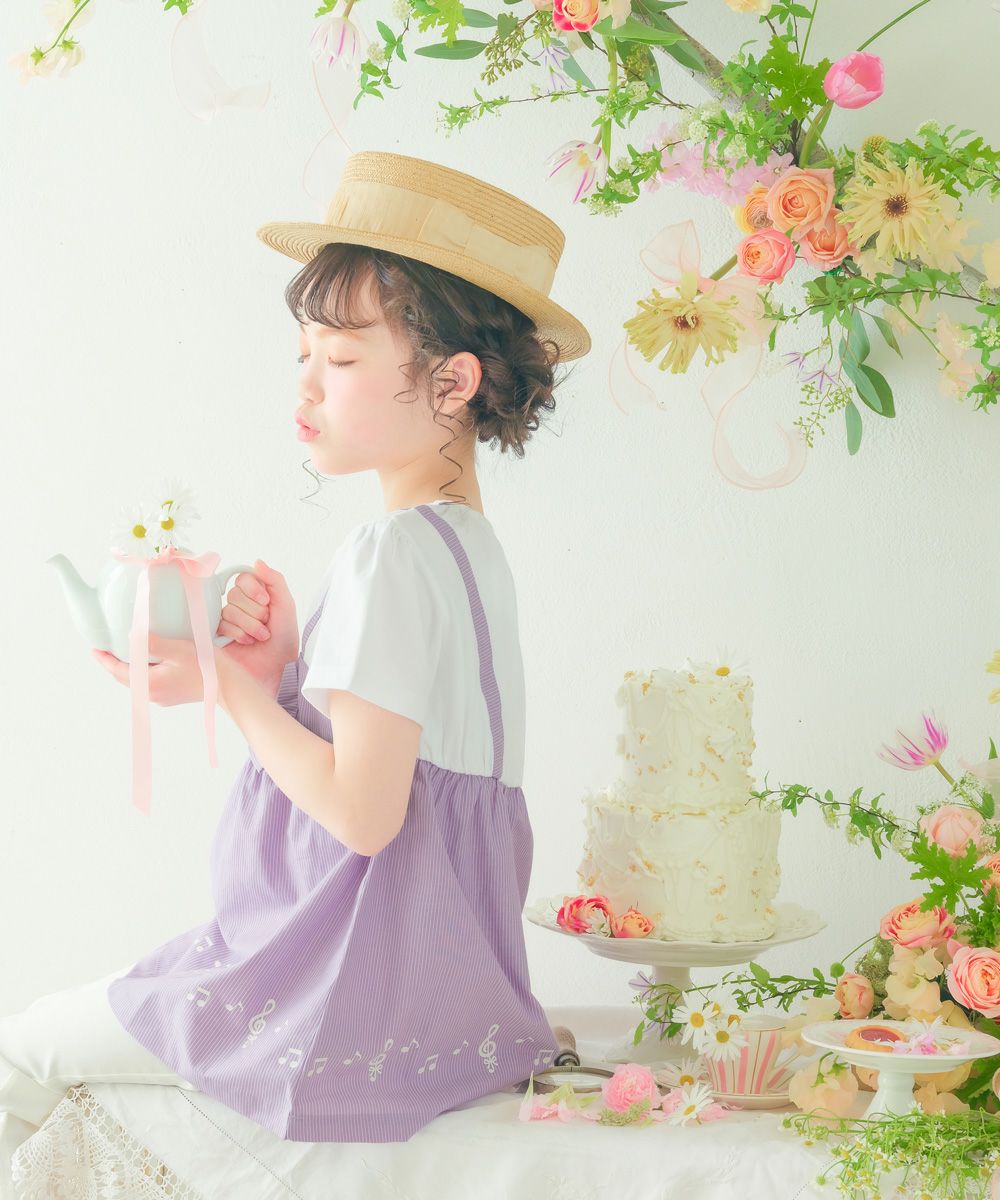 ベビー服 女の子 ストライプ柄リボン付き音符プリント重ね着風Aライン パープル(91) モデル画像2