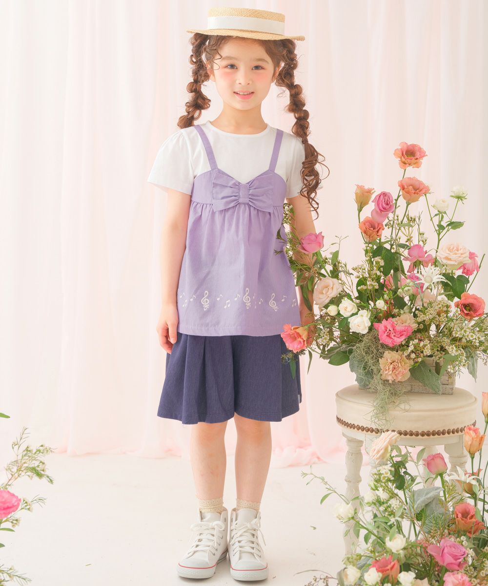 ベビー服 女の子 ストライプ柄リボン付き音符プリント重ね着風Aライン パープル(91) モデル画像3