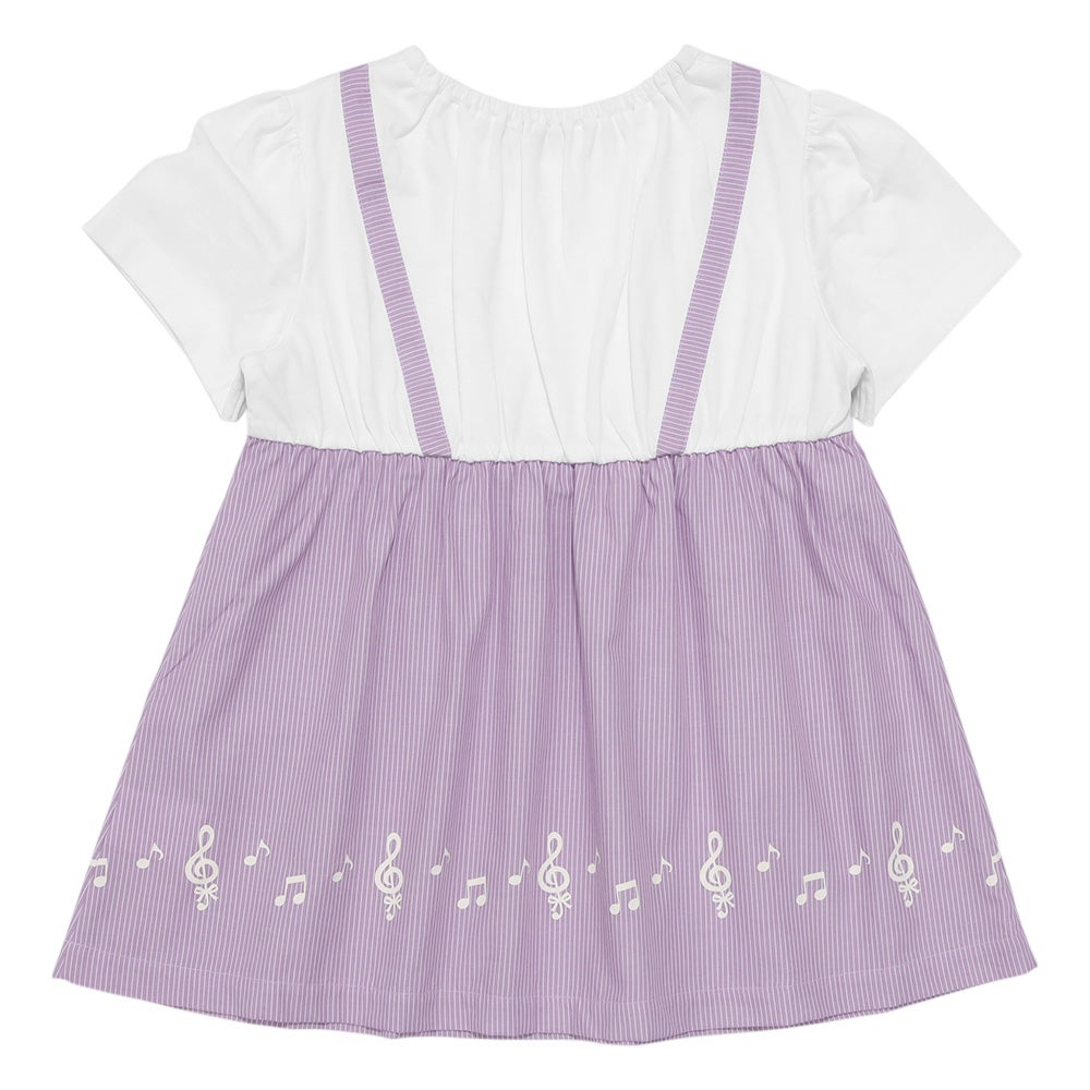 ベビー服 女の子 ストライプ柄リボン付き音符プリント重ね着風Aライン