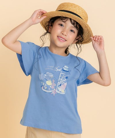 ベビー服 女の子 綿100％貝殻＆音符ガラス瓶プリントリボン付き　マリンテイスト