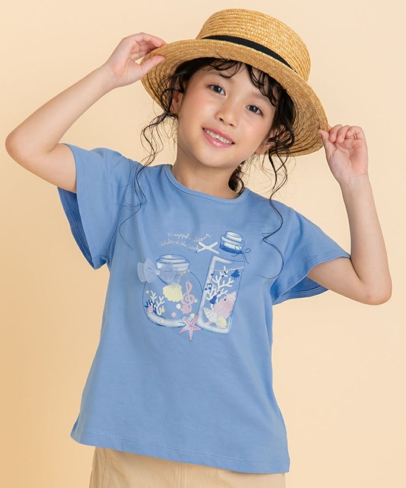 ベビー服 女の子 綿100％貝殻＆音符ガラス瓶プリントリボン付き　マリンテイスト