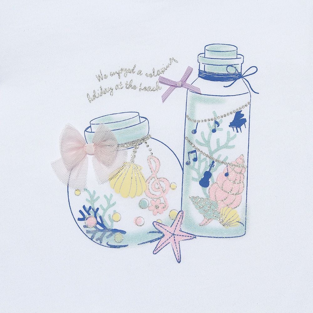ベビー服 女の子 綿100％貝殻＆音符ガラス瓶プリントリボン付き　マリンテイスト オフホワイト(11) デザインポイント1