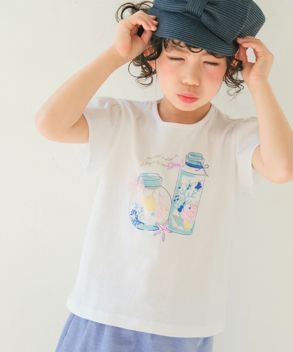 ベビー服 女の子 綿100％貝殻＆音符ガラス瓶プリントリボン付き　マリンテイスト オフホワイト(11) モデル画像アップ