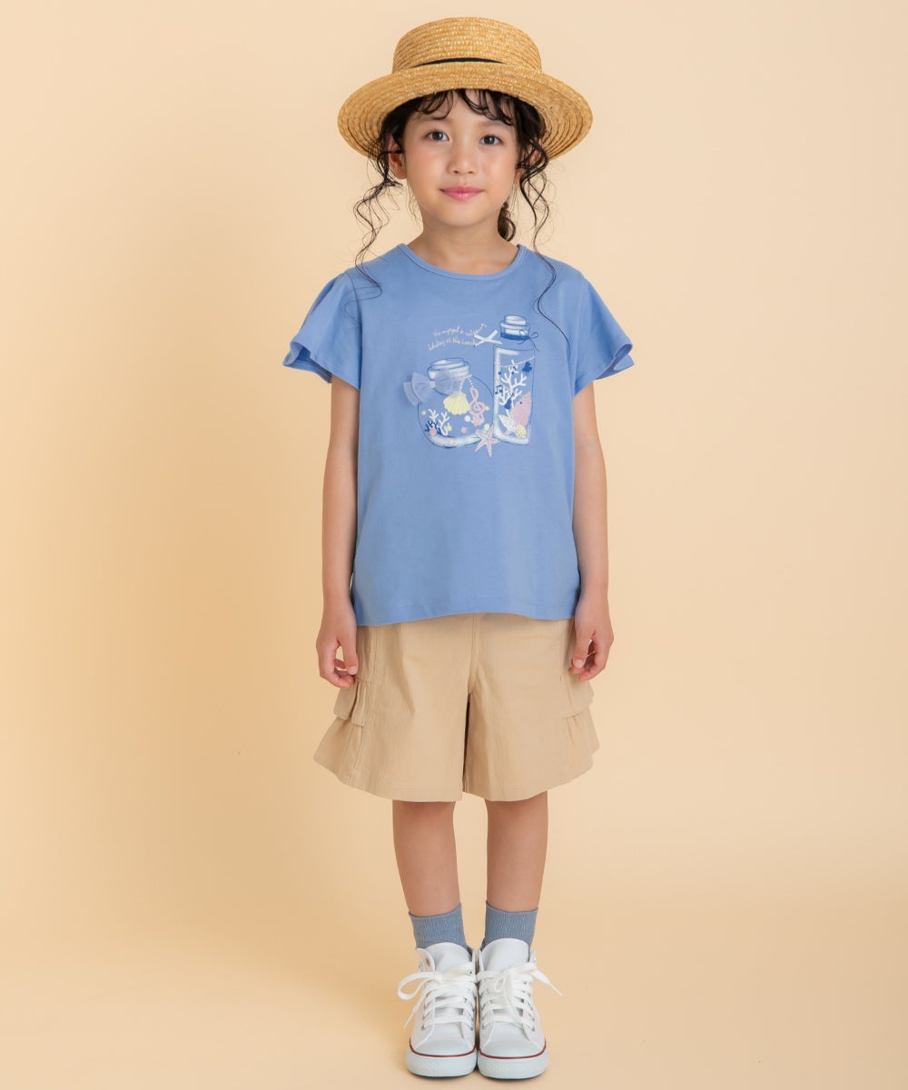 ベビー服 女の子 綿100％貝殻＆音符ガラス瓶プリントリボン付き　マリンテイスト