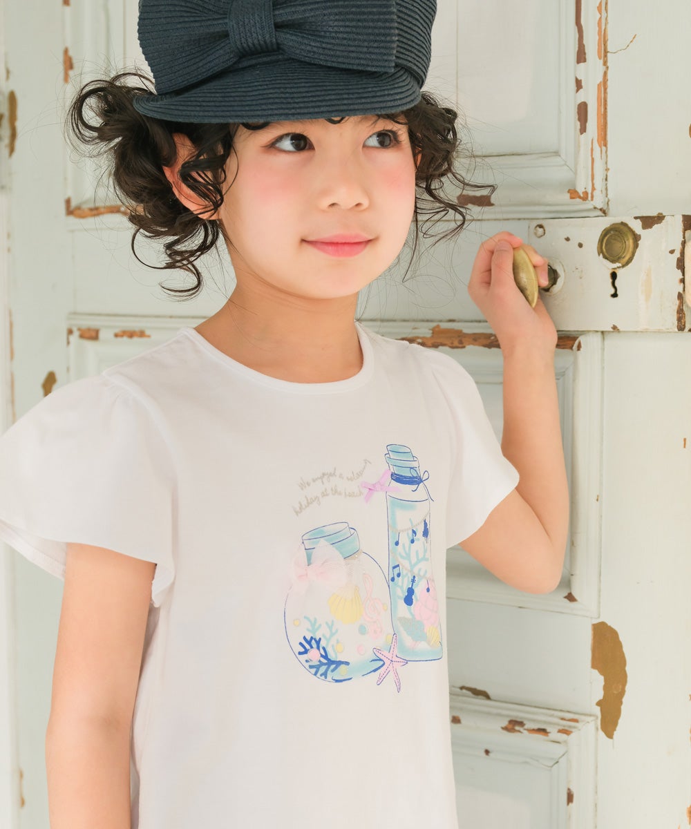 ベビー服 女の子 綿100％貝殻＆音符ガラス瓶プリントリボン付き　マリンテイスト