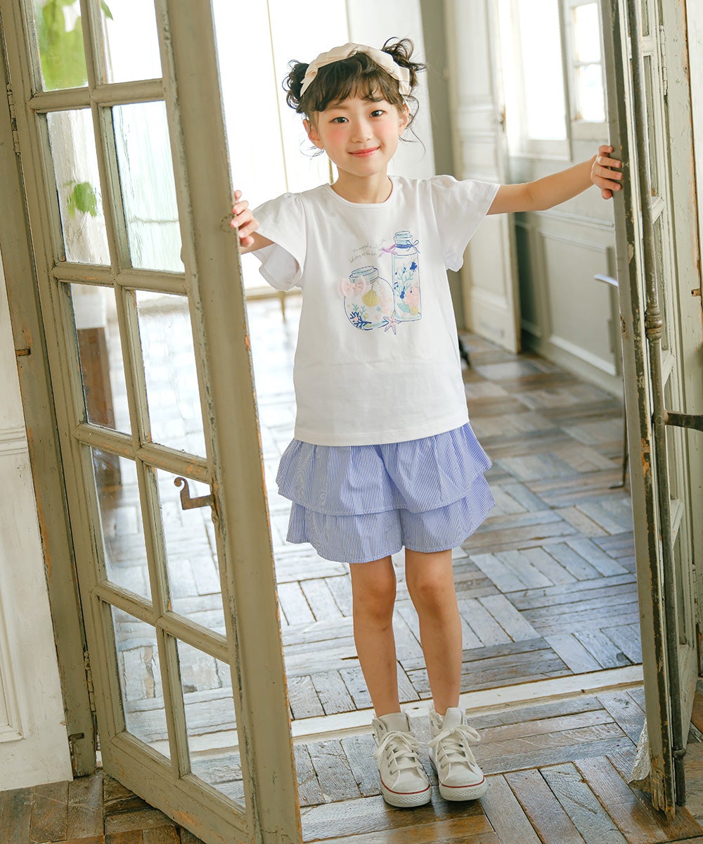 ベビー服 女の子 綿100％貝殻＆音符ガラス瓶プリントリボン付き　マリンテイスト