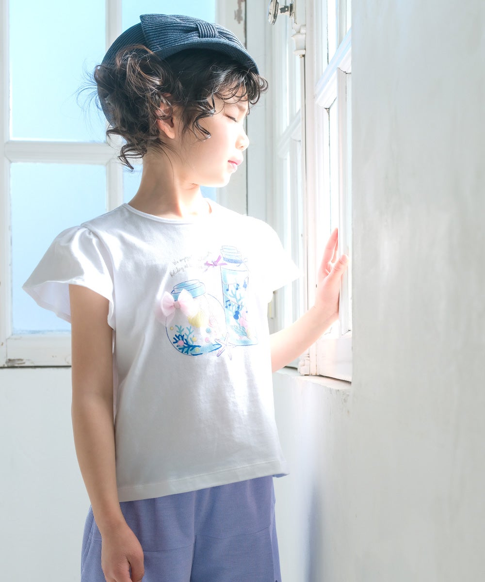 ベビー服 女の子 綿100％貝殻＆音符ガラス瓶プリントリボン付き　マリンテイスト