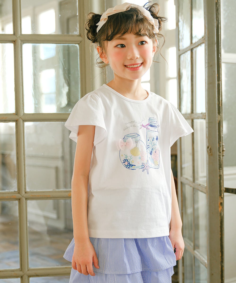 ベビー服 女の子 綿100％貝殻＆音符ガラス瓶プリントリボン付き　マリンテイスト