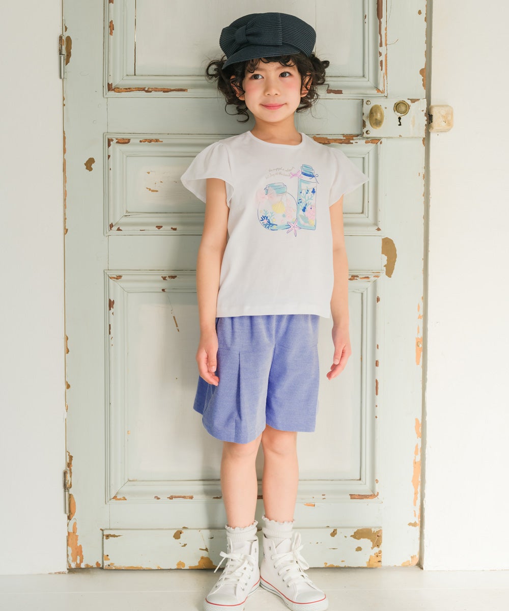 ベビー服 女の子 綿100％貝殻＆音符ガラス瓶プリントリボン付き　マリンテイスト