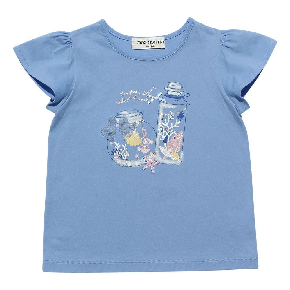 ベビー服 女の子 綿100％貝殻＆音符ガラス瓶プリントリボン付き　マリンテイスト ブルー(61) 正面