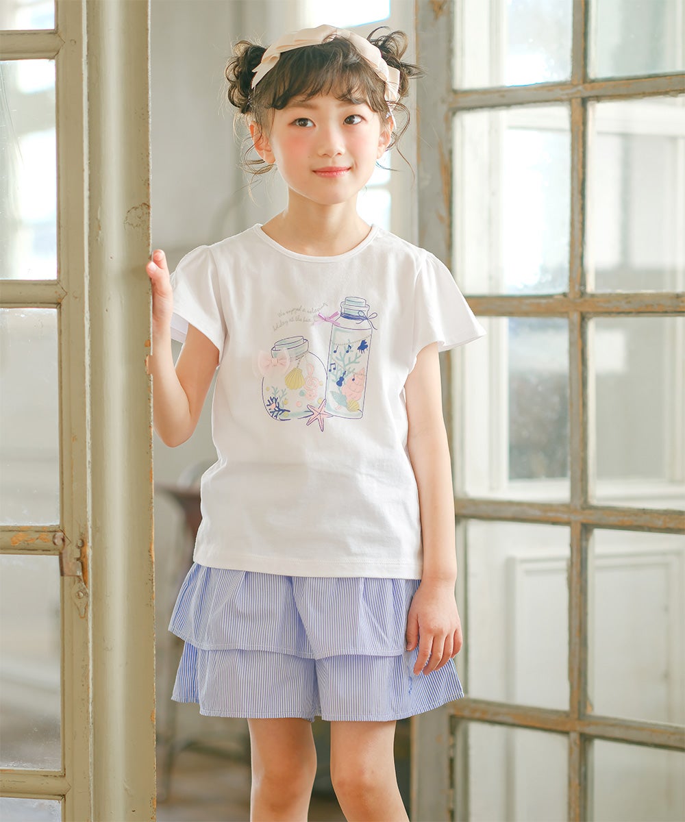 ベビー服 女の子 綿100％貝殻＆音符ガラス瓶プリントリボン付き　マリンテイスト