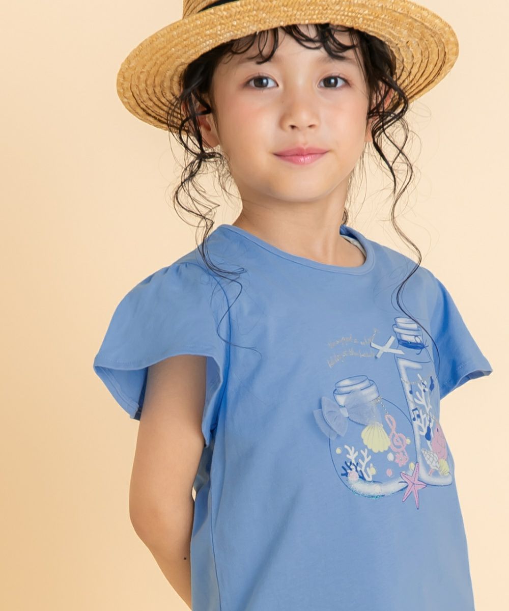 ベビー服 女の子 綿100％貝殻＆音符ガラス瓶プリントリボン付き　マリンテイスト ブルー(61) モデル画像アップ