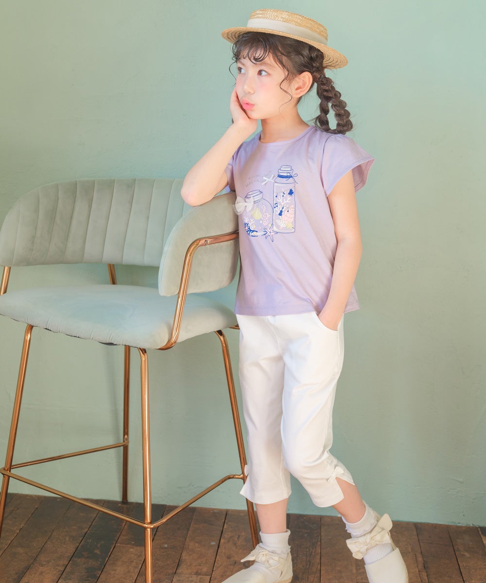 ベビー服 女の子 綿100％貝殻＆音符ガラス瓶プリントリボン付き　マリンテイスト