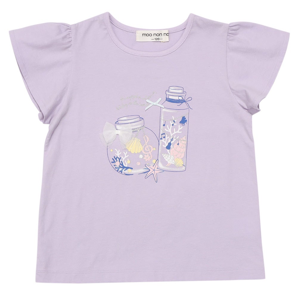 ベビー服 女の子 綿100％貝殻＆音符ガラス瓶プリントリボン付き　マリンテイスト